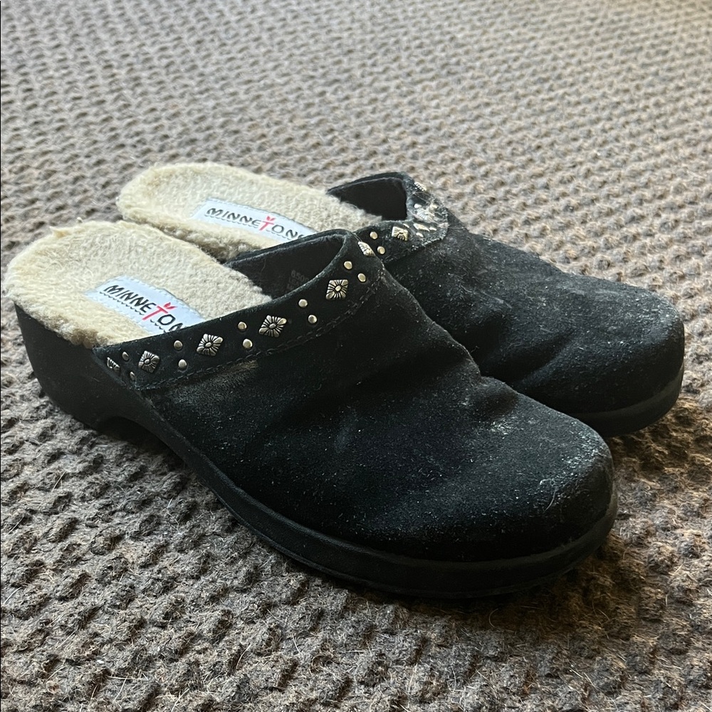 Minnetonka Black Studded Mules